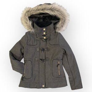 London Fog Jacket Faux Fur Hood Gray Coat Alpine Swiss Parka Size Girls Large 14